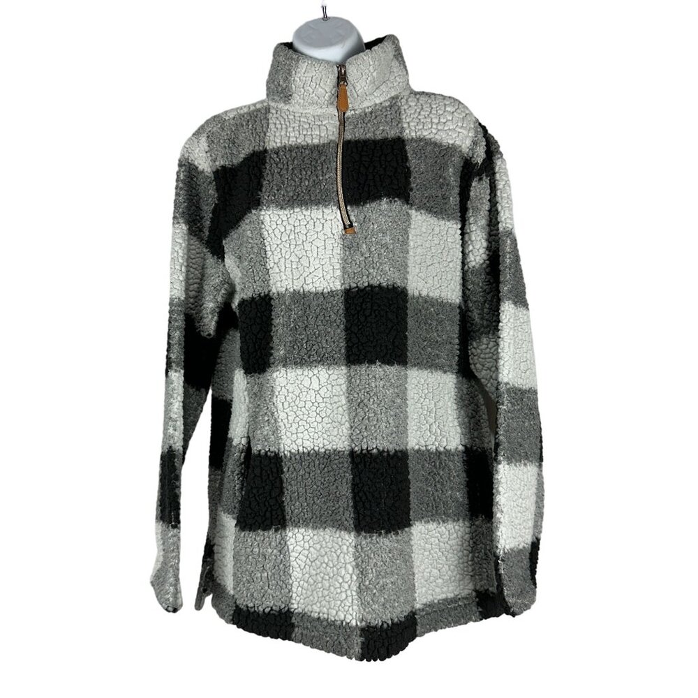 Pink Lily M Buffalo Check Print Sherpa Pullover Quarter Zip Sweater Long Sleeve